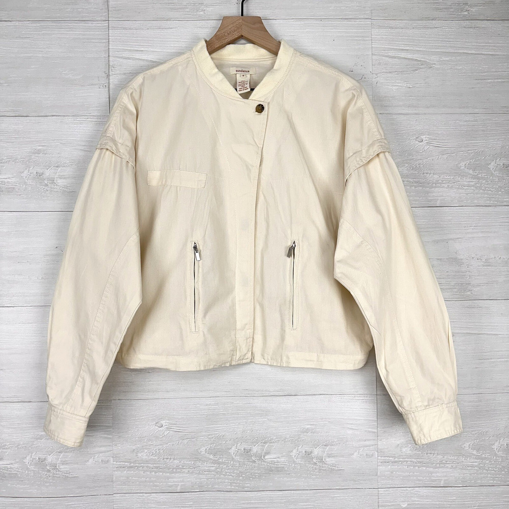 Sundance Cropped Utility Jacket Size 8 Cream Buttons Pockets Long Sleeve